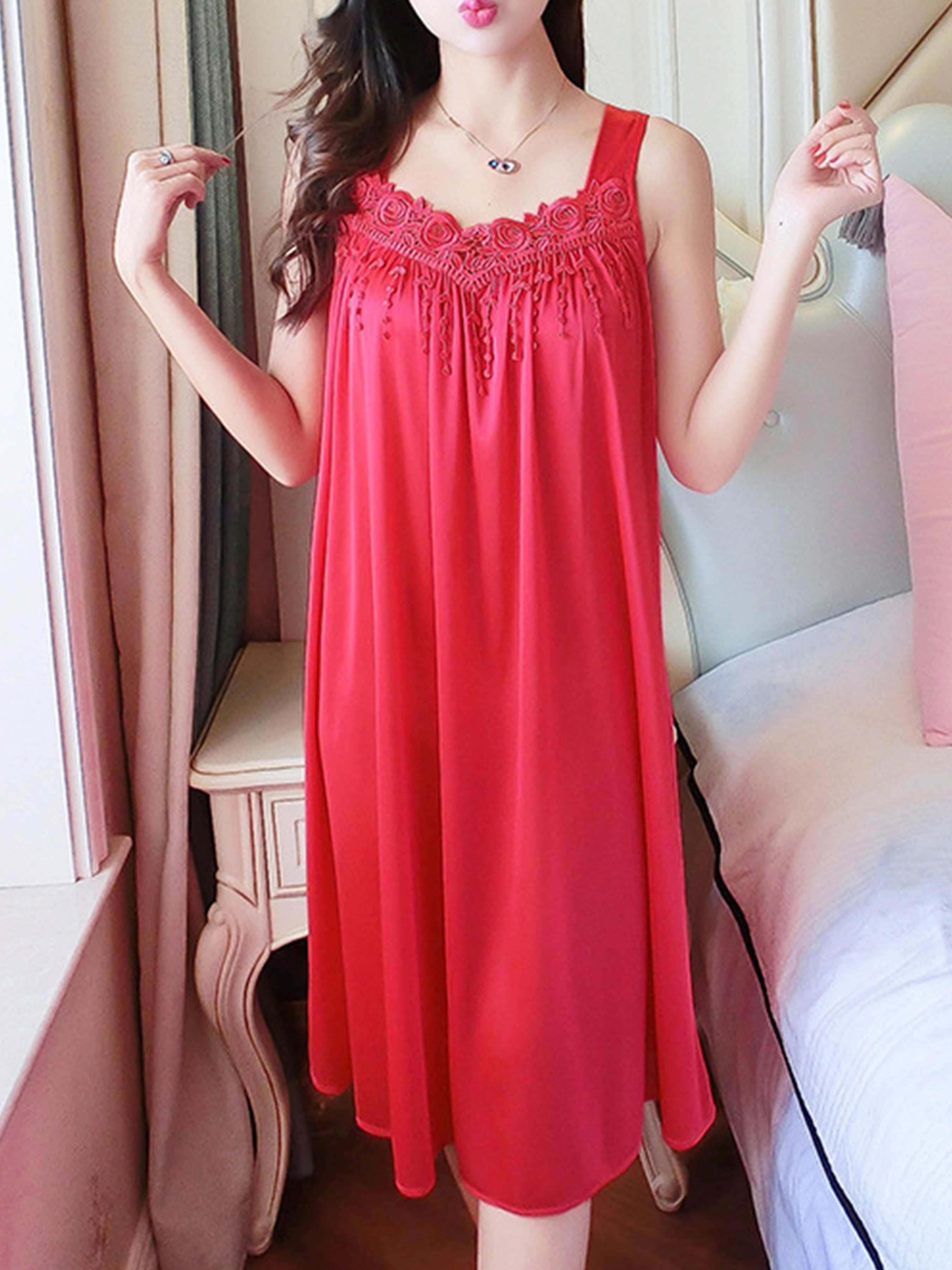 Plus Size Women's Sexy Sleeveless Spaghetti Strap Sleep Dress - Lightweight Ice Sliky Fiber Mid-Length Nightgown, Vibrant Red Non-See-Through Summer Pajama & Lounge Wear