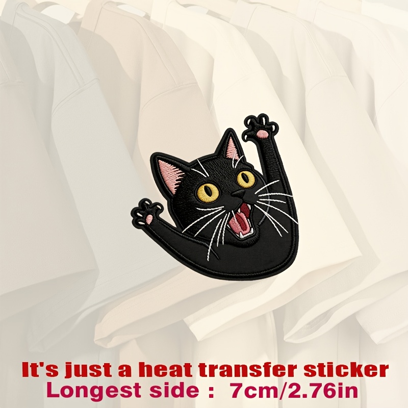 TEMU Black Cat Patch With Yellow Eyes, Pink Ears, And Raised Paw, Featuring Detailed And, Heat Transfer Stickers Are Suitable For Flat Fabrics Such ,