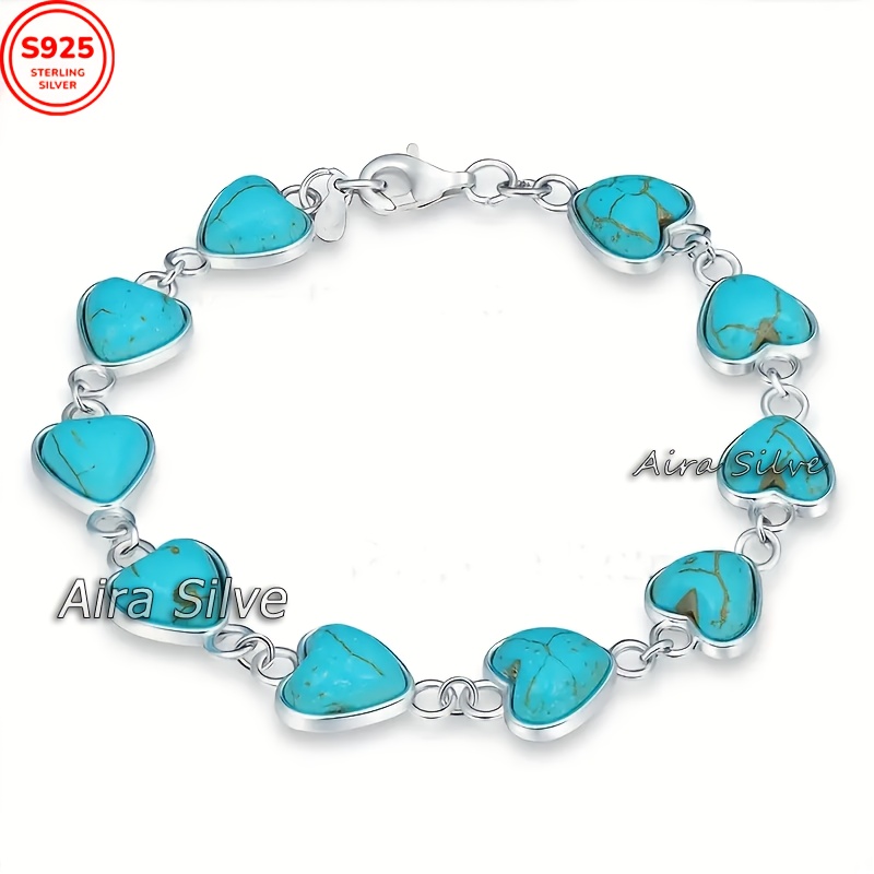 TEMU 925 Silver Oval Turquoise Bracelet, Women's Bracelet, Adjustable Lobster Clasp Chain, High-quality Women's Jewelry, Local Warehouse, Fashion