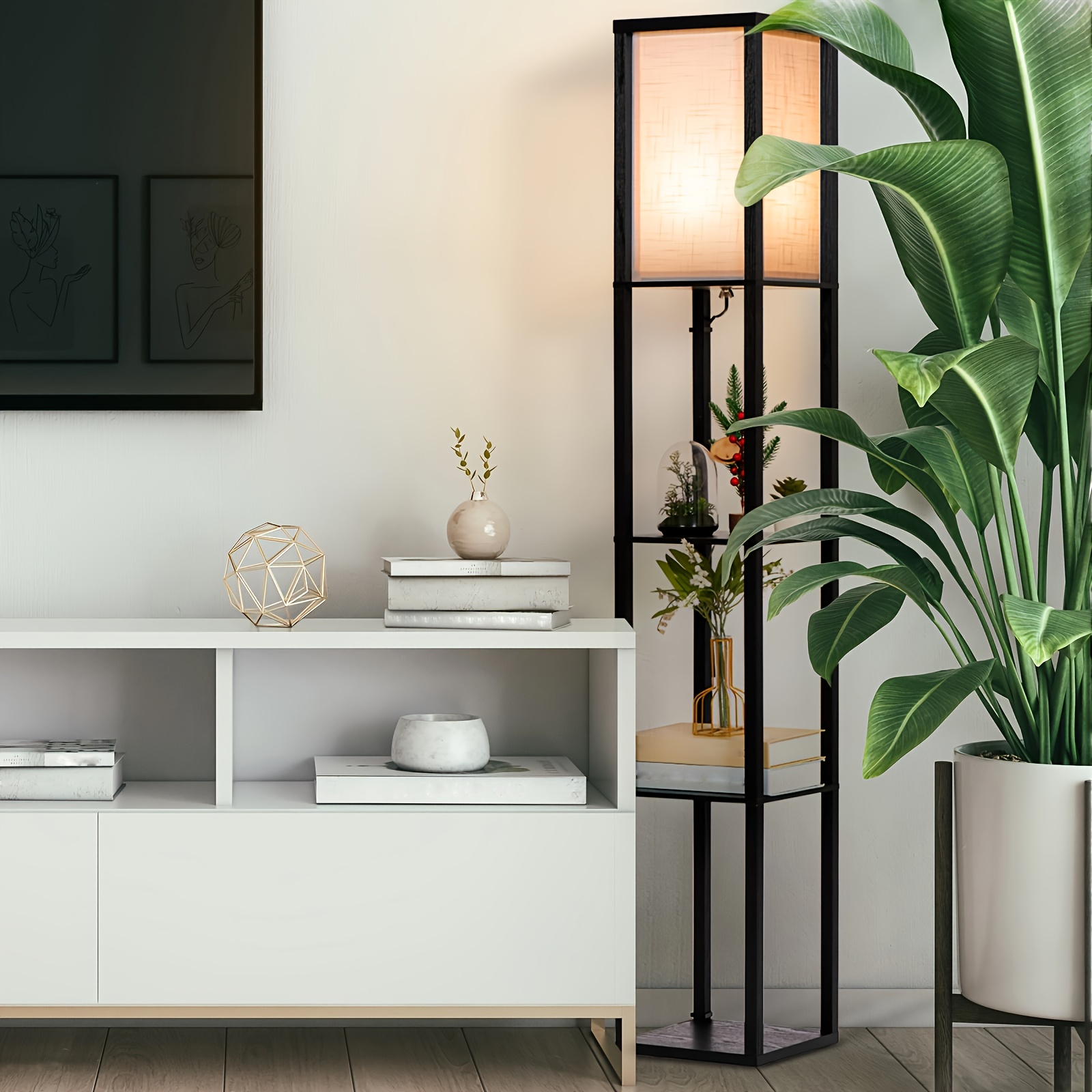 Black Floor Lamp with Wooden Shelf, LED Lighting, Suitable for Living Room, Bedroom, Office, Mother's Day Gift, Gifting, Women's Preference, Stylish and Attractive Design