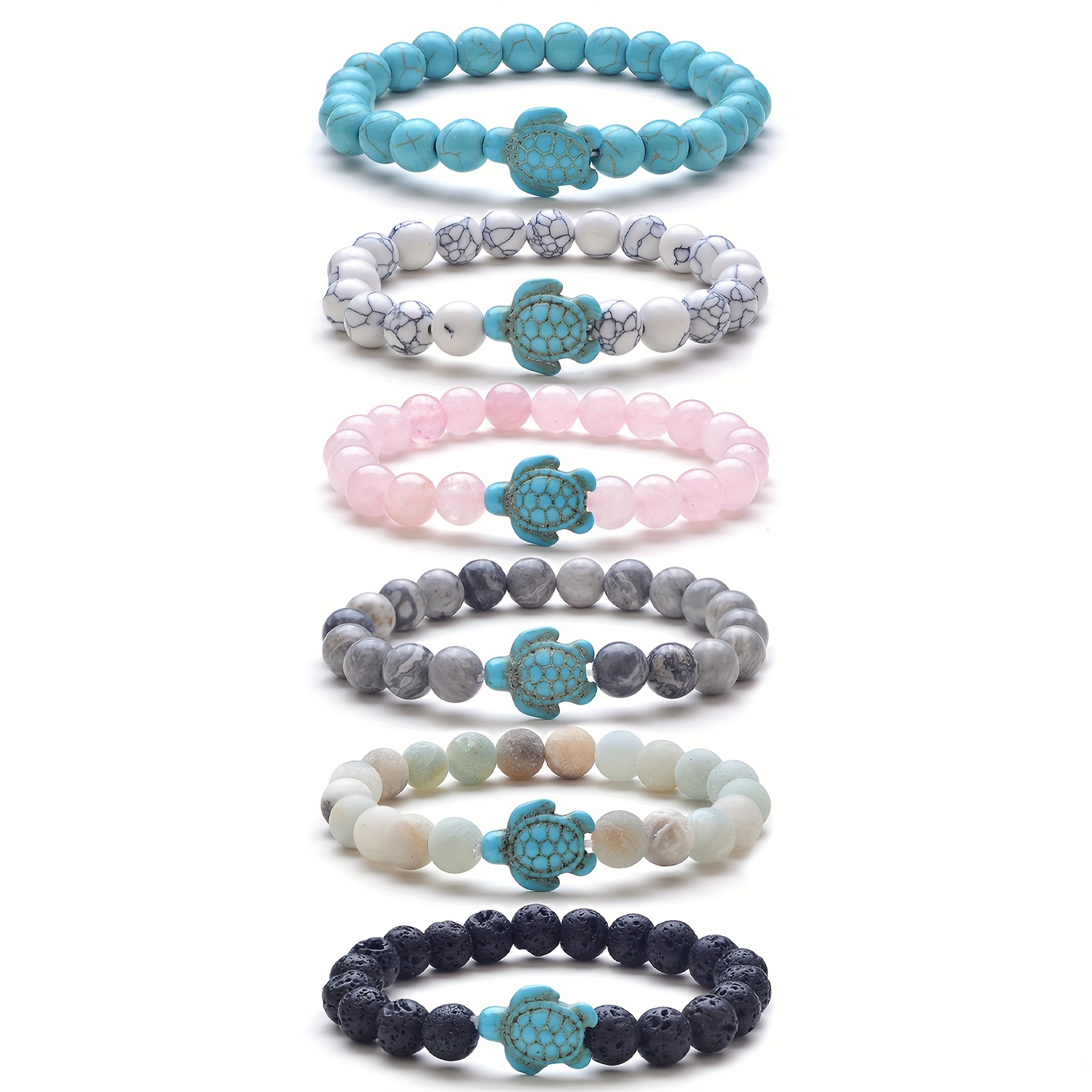 TEMU 6pcs Bracelets Tortue de Mer Perles, Naturelle, Colorés, Bandes Élastiques Turquoise Élastiques, Cadeaux d' pour Femmes et Hommes. 8Mm