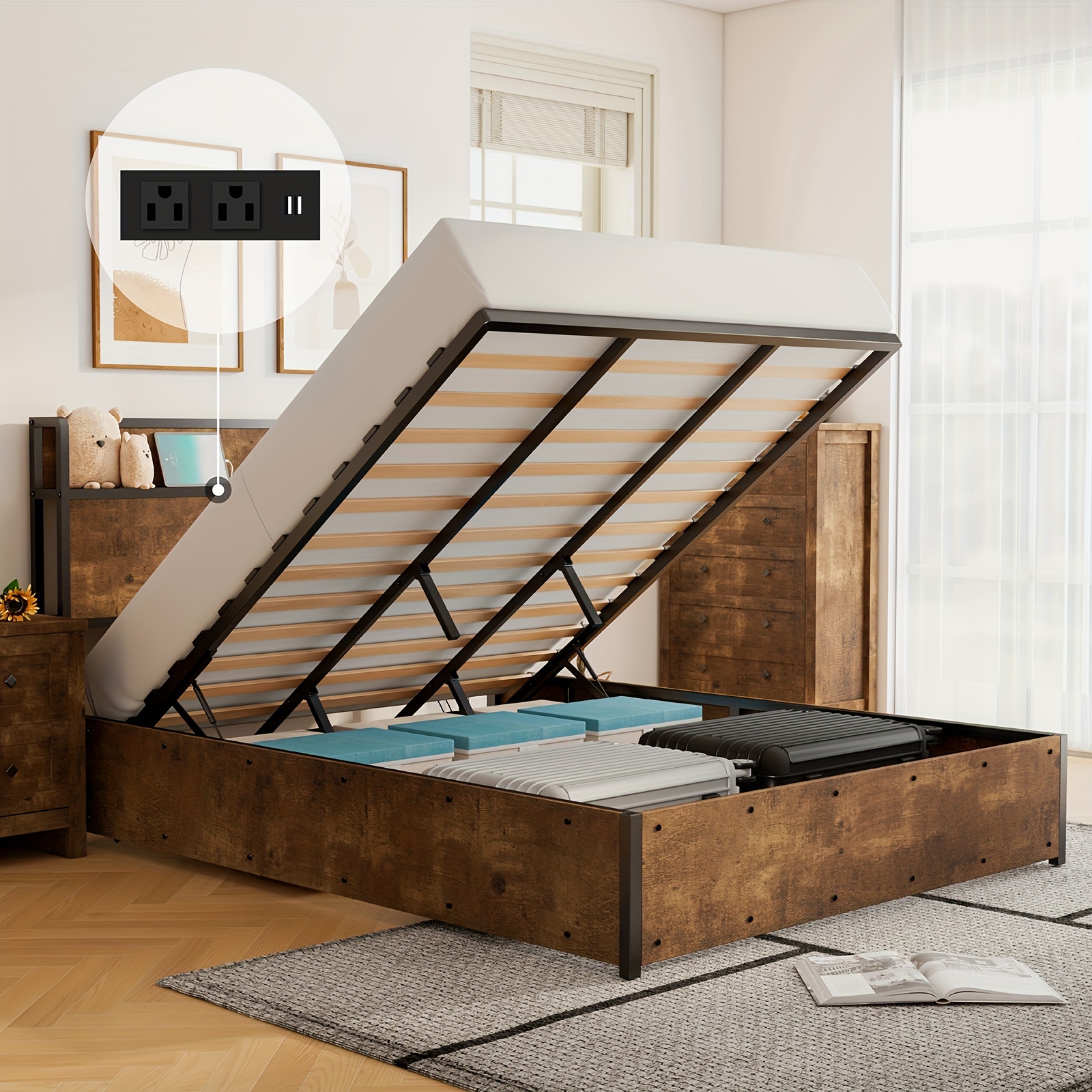 

Full Queen King Size Storage Bed, Wood Platform Bed Frame With Storage Headboard & Charging Station, Spring Needed, Easy