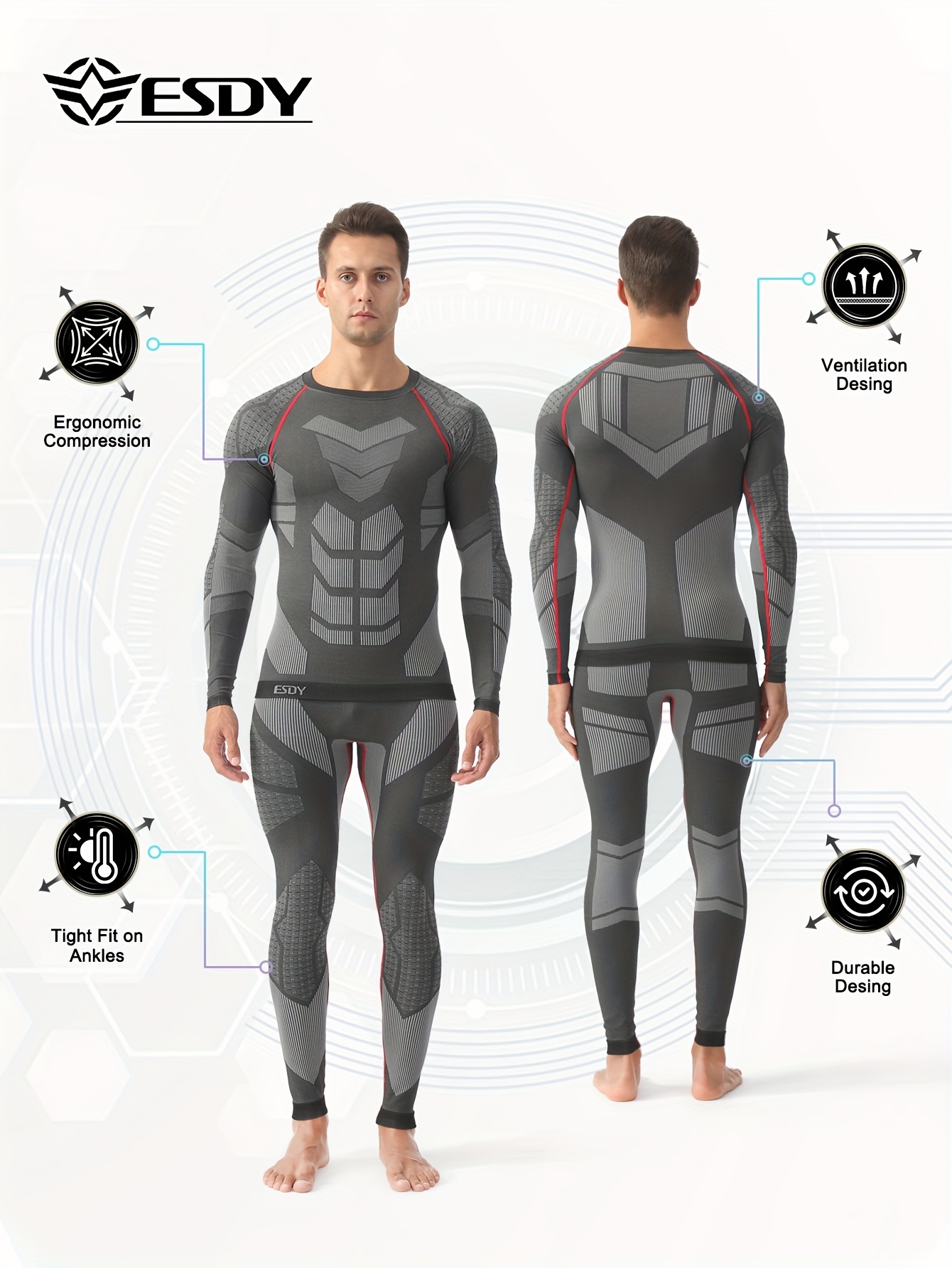 ESDY Men's Knitted Round Neck Stretch Compression Set with Breathable Compression Pants and Body Shaping Top for Winter Basic Workout Fitness Cycling Outdoors Activities