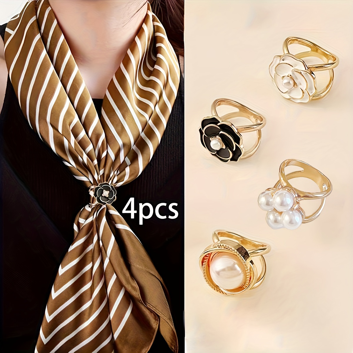 

Elegant 4pcs Golden Scarf Ring Set - Alloy Pins For Women, Casual & Decor