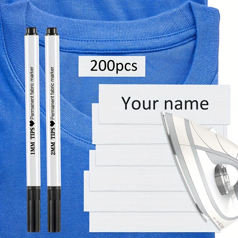 

200pcs Writable Iron On Clothing Labels Precut Fabric Personalized Name Tags With 2pcs Permanent Markers For Nursing Home College Camp Day Care Uniforms
