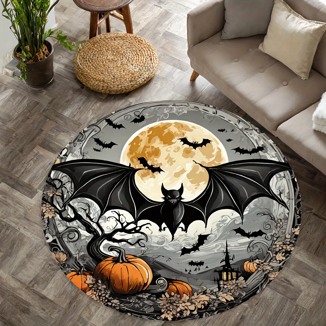 

Halloween Bat Pattern Non-slip & Stain-resistant Floor Mat - Thick, Washable Polyester Rug For Living Room