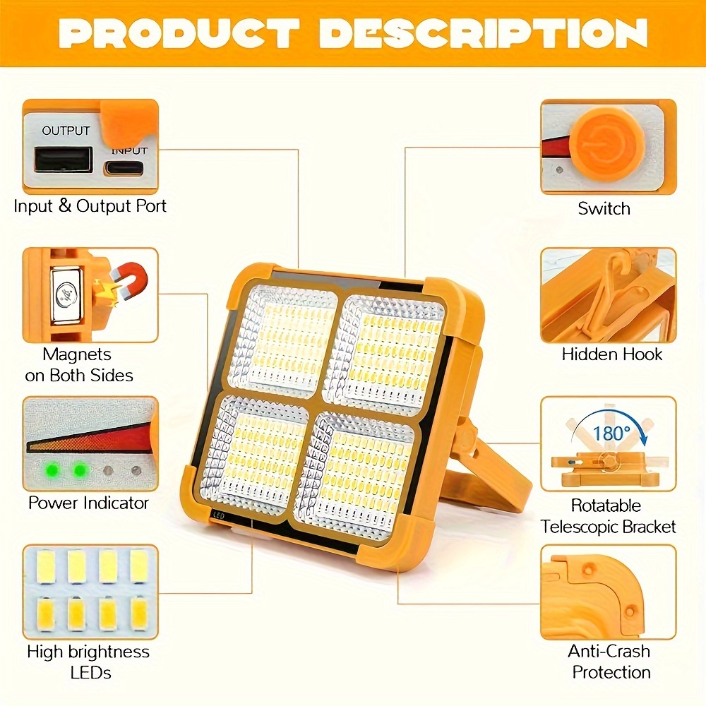  ve açık seyahatleri için aydınlatma sağlayan, manyetik askılı, çift usb ve güneş enerjili, ayarlanabilir parlaklık özellikli, abs malzemeden yapılmış, cilalı metal kaplamalı, şarj edilebilir lityum pil (18650 serisi) ile düşük voltajda çalışan taşınabilir led çalışma lambası. ayrıntılar 2