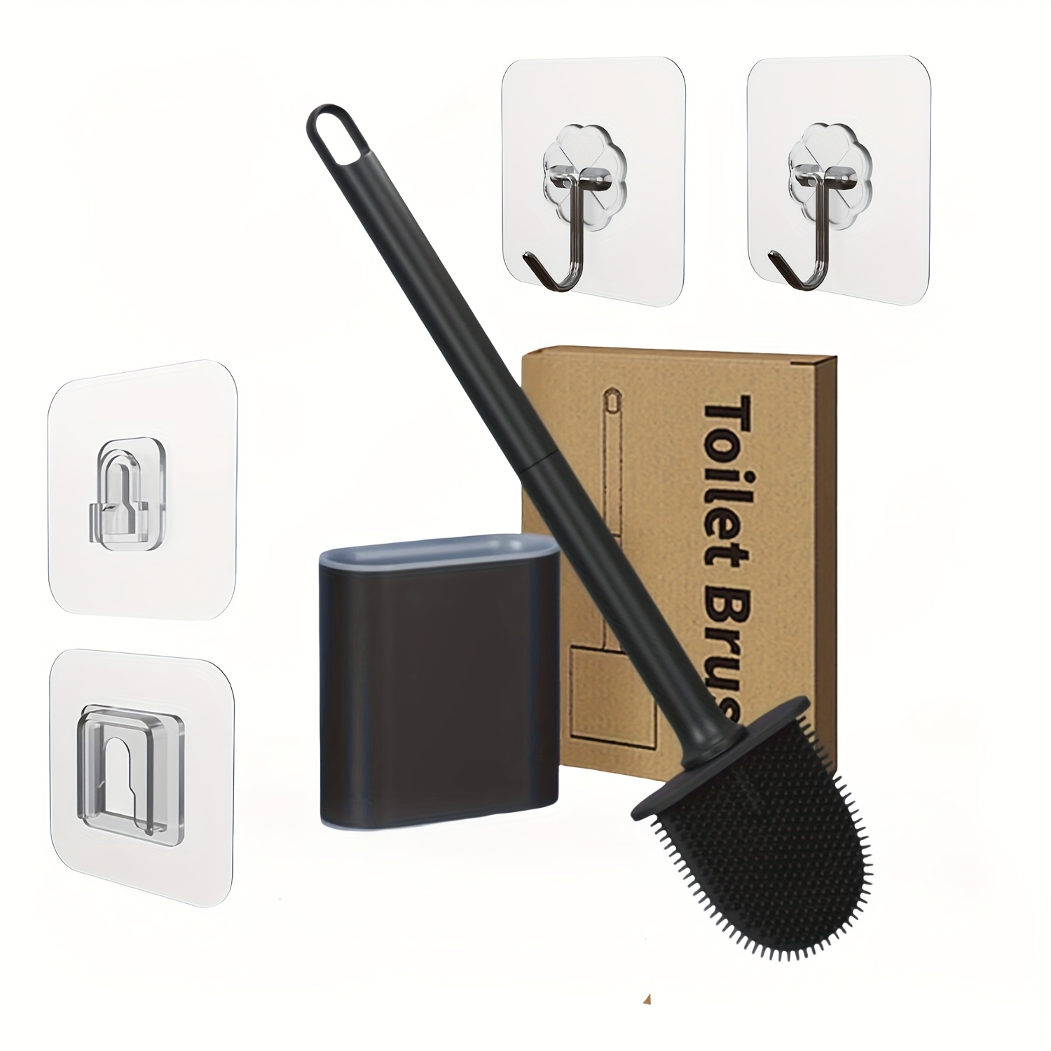 E-shop Silikon-Toilettenbürsten-Set mit Halter + 2 rückstandsfreie Montagepads + 2 Haken, flexible biegsame Borsten, schnelltrocknend, wandmontiertes