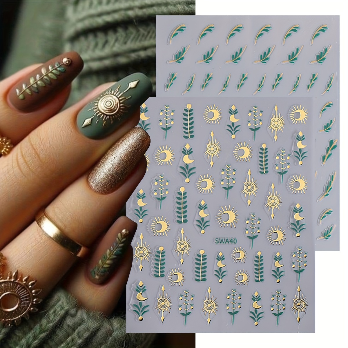 

2pcs Bohemian Nail Art Stickers - Self-adhesive, Embellished Design For Diy Manicure & Pedicure