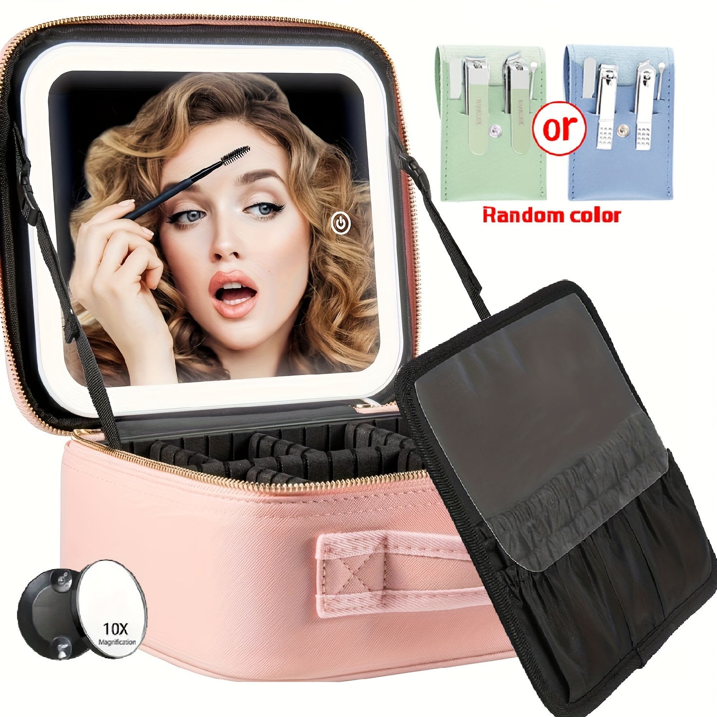 TEMU Makeup Travel Bag With Led Lighted Mirror Adjustable Brightness Portable Makeup Case With Adjustable Dividers, Make Up Train Case Organizer Makeup Brush Accessories And Tool Case