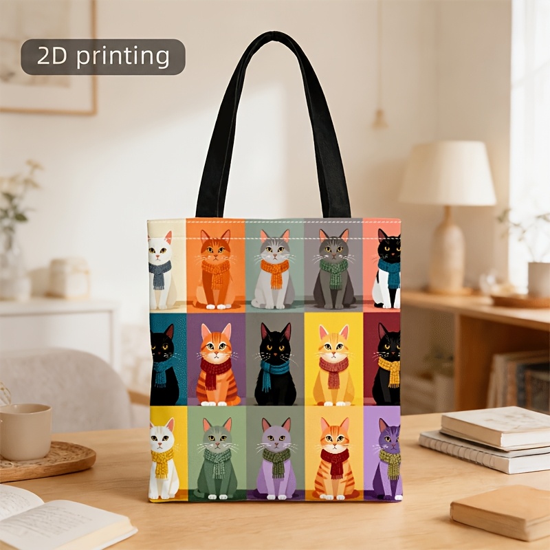 TEMU Crossbody Bag And Handbag For Men And Women, Colorful Grid Scarf-wearing Cat Printed Unisex Tote Crossbody Bag, Cute And Versatile For Daily And