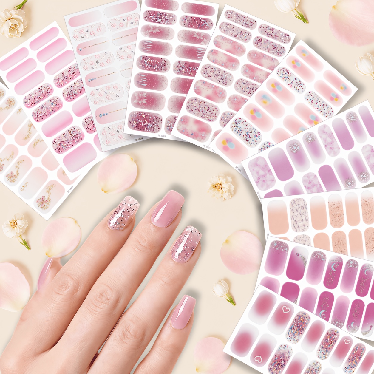 Image of 10 Sheets Full Nail Wraps No Light Needed, Spring And Orange Onion Pink White , Self-adhesive Nail Stickers, On Nail With A Nail File, Nail Wraps For Women And