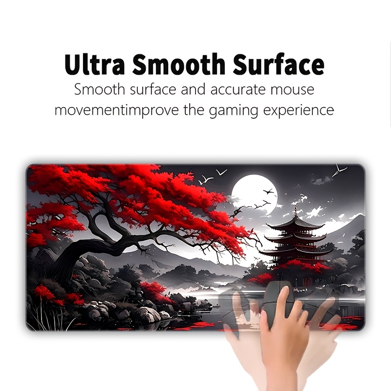1pc Large Red Fire Style Mouse Pad - Non-Slip, Washable, Vibrant Red & Design with Japanese-Inspired Landscape, Perfect for Halloween & Christmas Gifts