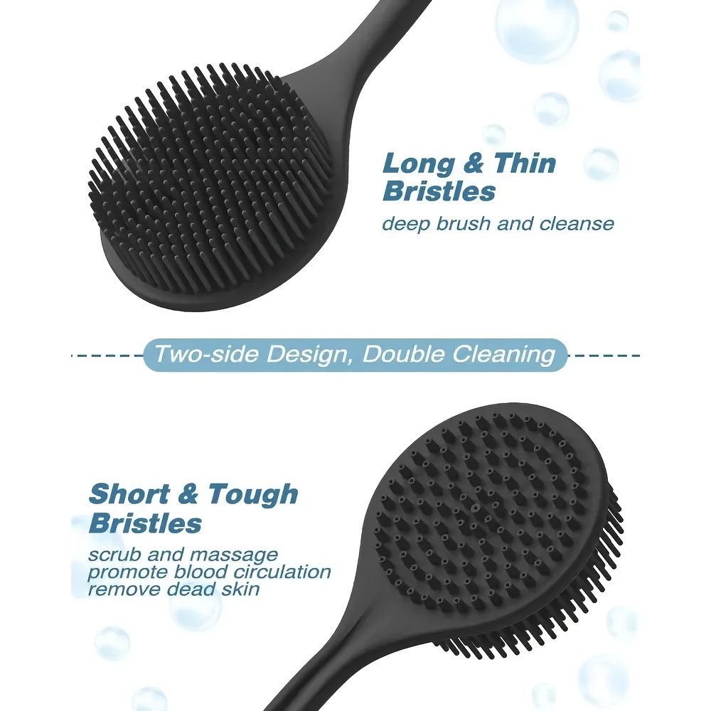1pc dual sided silicone bath brush with long handle exfoliating massage body scrubber for deep cleaning gentle beige care ergonomic shower tool for back men women durable silicone black exfoliation scrubber textured scrubbing     material back scrubber   design hygienic material   routine Product details 3