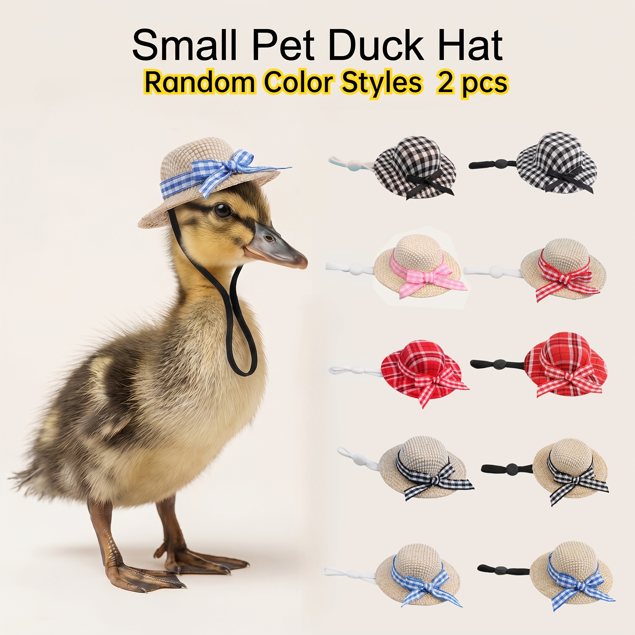 TEMU 2pcs Duck Hat With Adjustable Strap - 6cm/2.36in Mini Woven Bow Headwear Costume For Chicken, Goose & Small Animals Photo Props (random )