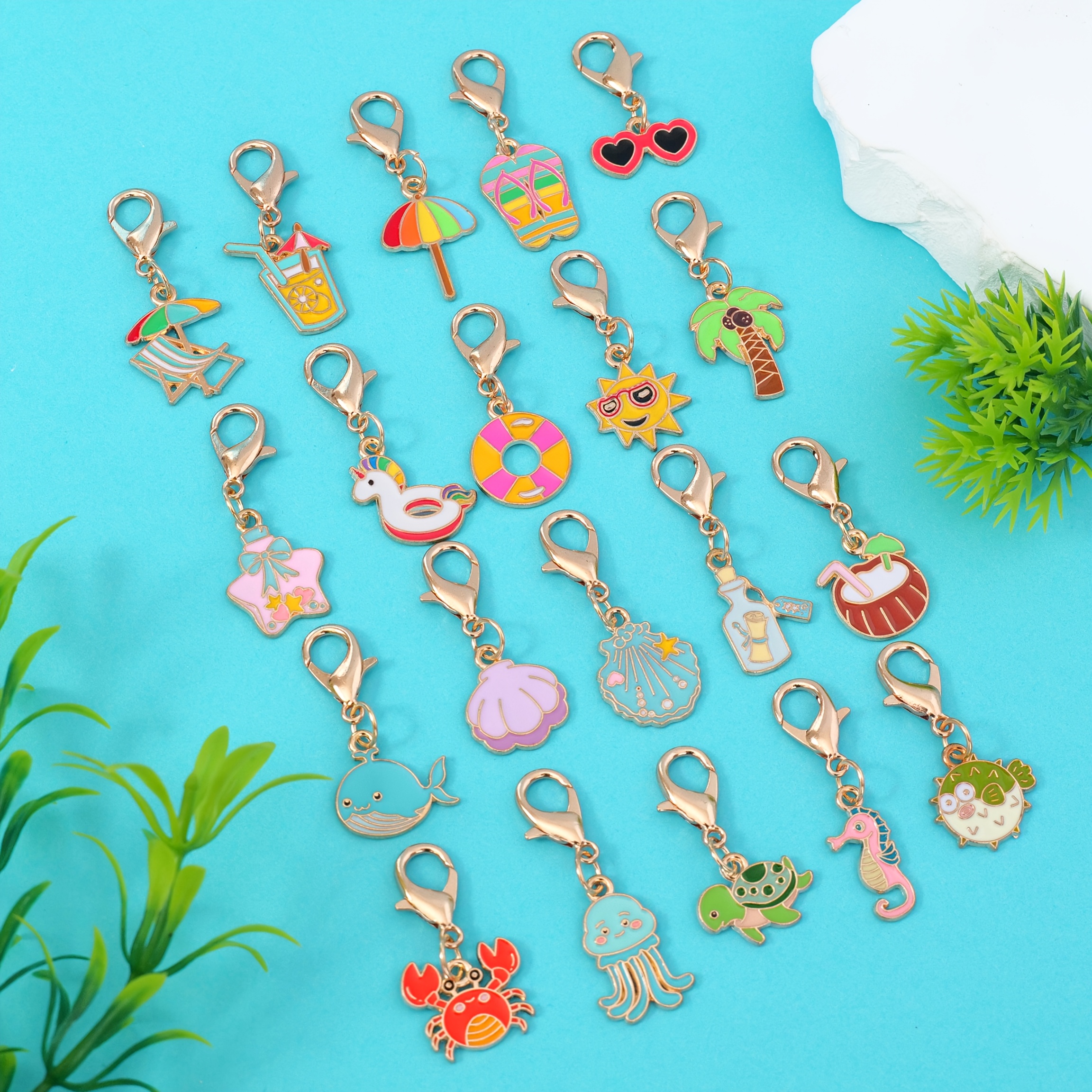 TEMU 20pcs/bag Ocean-themed Enameled Beachy Stuff & Pendant Keychain Charms, Summer Style Colorful Wishging Bottle Sea Turtle Whale Charms Keyring