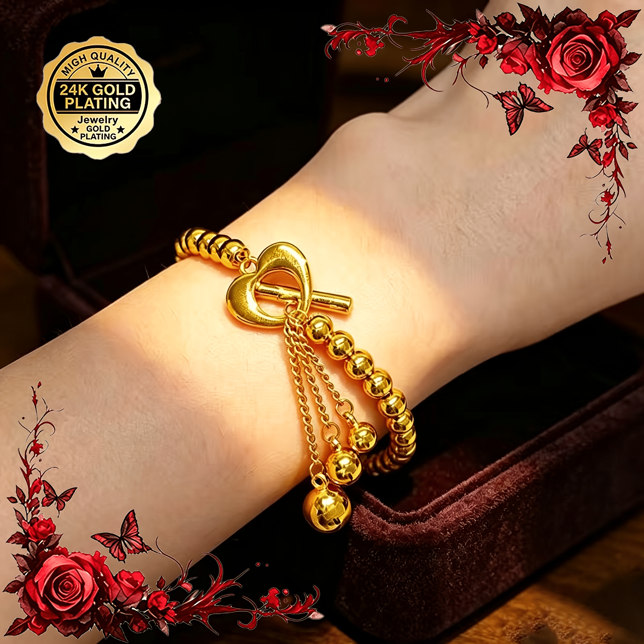 TEMU A 24k Gold Plated Light Luxury Heart Tassel Beaded Bracelet With An Elegant Ot Clasp And Small , A Women's Accessory For Commuting