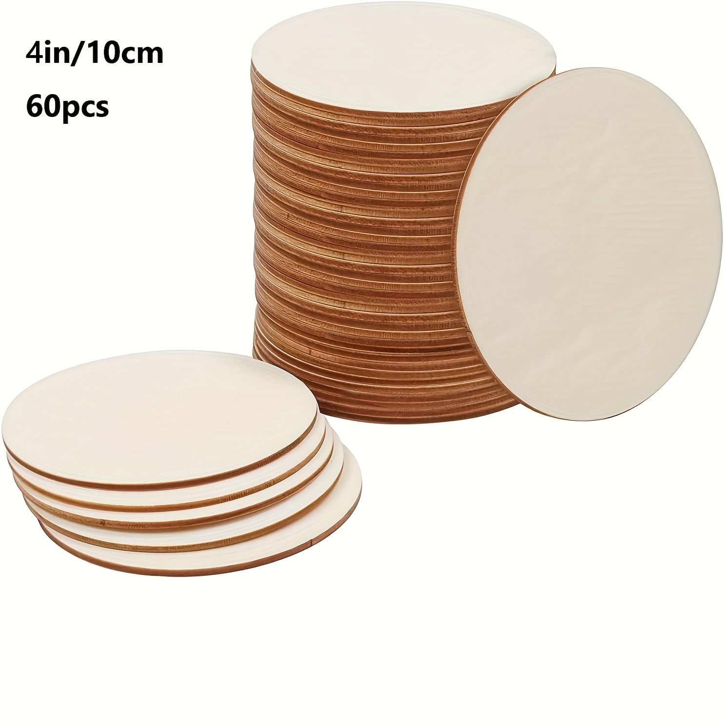 Image of 60pcs 4" Inch Unfinished Round Wood Discs For Crafts Wooden Cutout Tiles Wood Circles Round Slices Painting And Christmas Decorations, Home Decoration, Diy Craft Coasters For Painting Writing