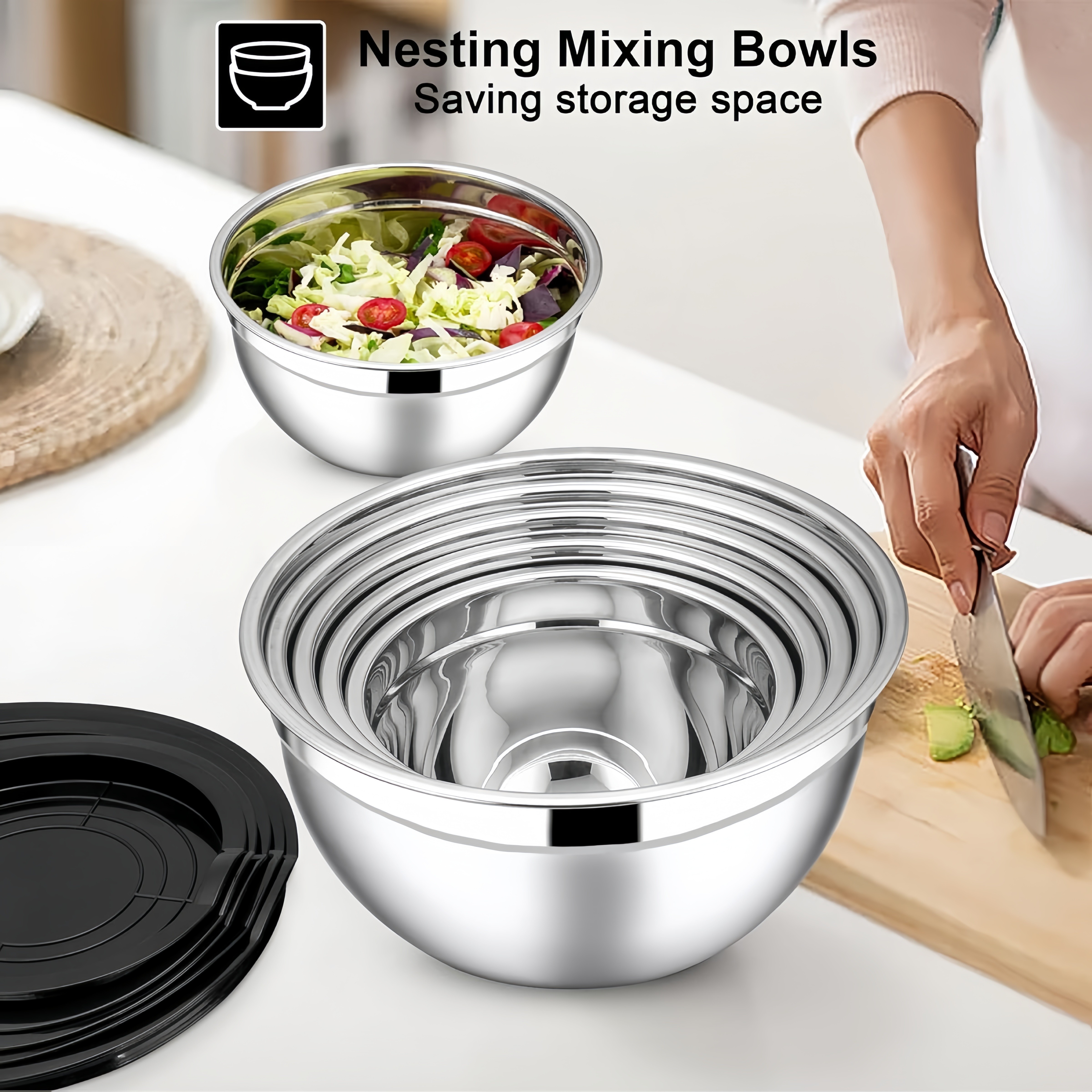 15pcs stainless steel mixing bowl set with seal cover black nesting style 3 grater accessories metal nesting storage bowl   space kitchen gadgets set   washed in dishwasher salad bowl egg beater mixing salad very suitable for mixing dishes and mixing capacity 1qt 1 5qt 2qt 2 5qt 3 5qt 4qt details 6