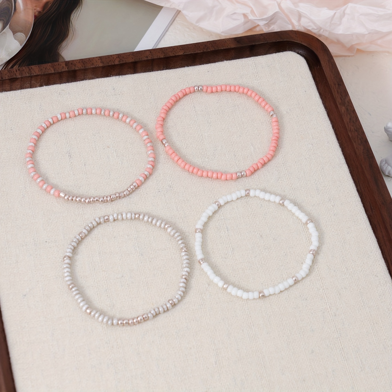 Image of 4pcs Women's Fashion Bracelet Set, Simple And Stylish Rice Bead String Elastic Bracelets, Party Vacation Music Festival Jewelry Accessories