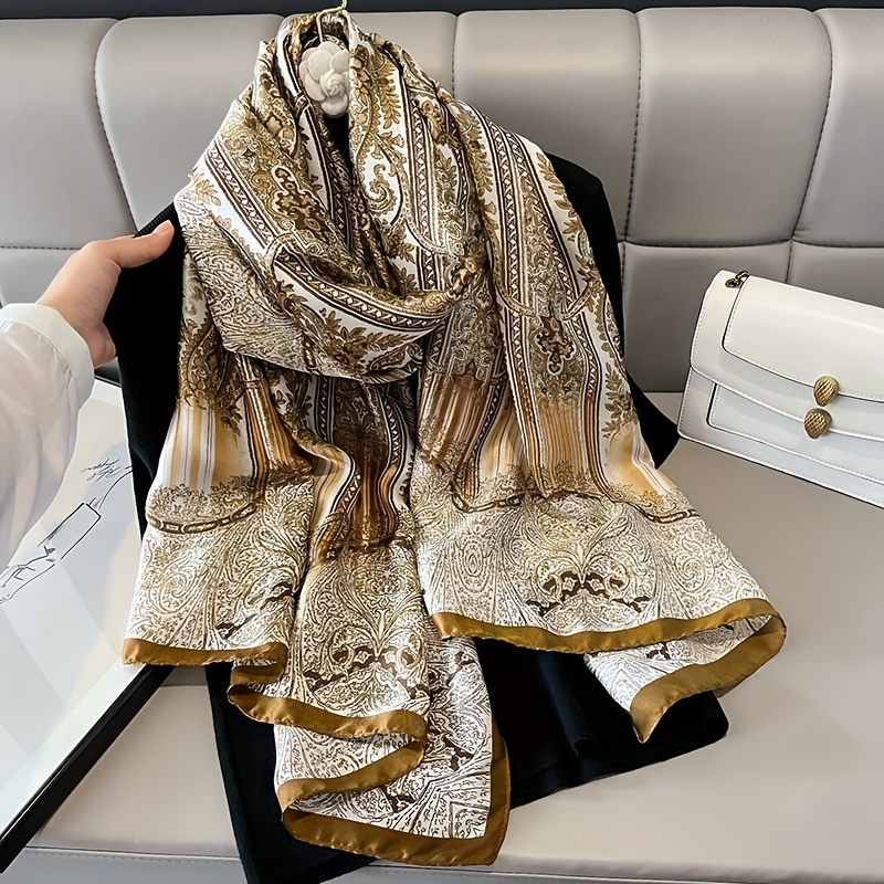 

Luxurious Golden-paisley Print Scarf For Women - Elegant Oversized Shawl With Sun Protection, Soft Polyester, Ideal For Beach, Vacation & Casual Attire