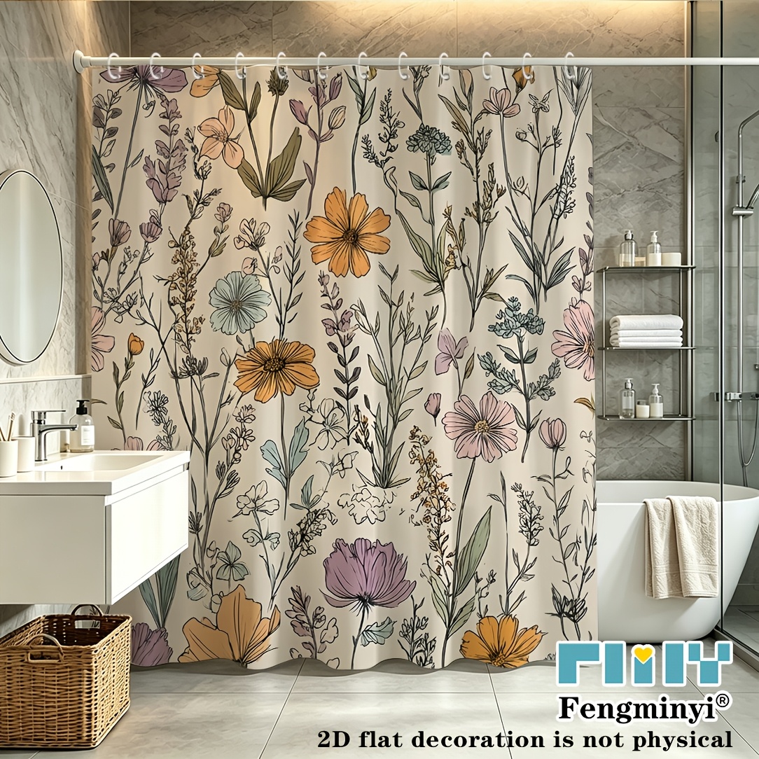 TEMU 2d Shower/bath Curtain - 1pc Floral Botanical Shower Curtain - Elegant Bathroom Decor With Poppies, Daisies, Wildflowers In Pink, Orange, Green,