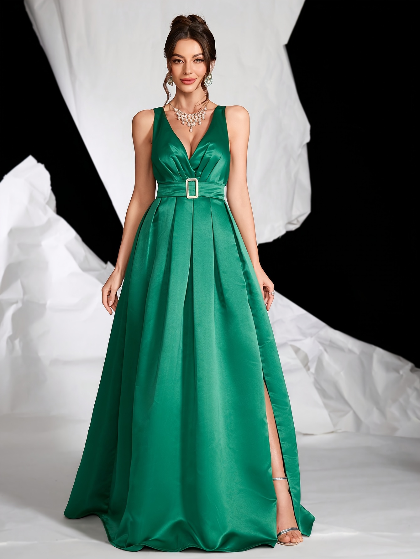 slim fit dress slacks Emerald Lace Hem High Neck Dress main image 0