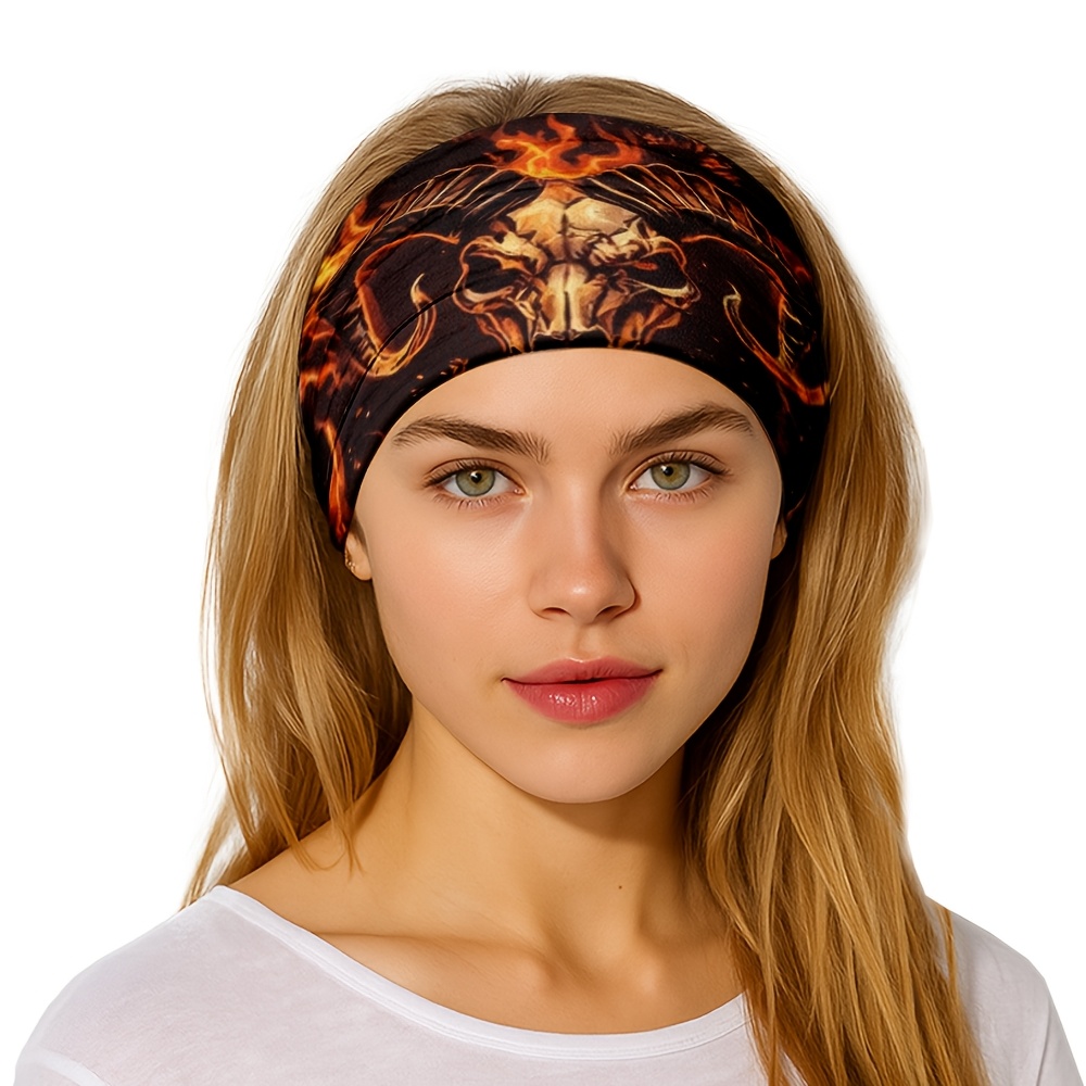 1pc fascia larga   a forma di   e fiamma per donna | fascia   e spessa   con   di     e teschi che bruciano, perfetta per  , palestra,  , fitness & abbigliamento casual, fascia per capelli stile horror   &  , tessuto in poliestere