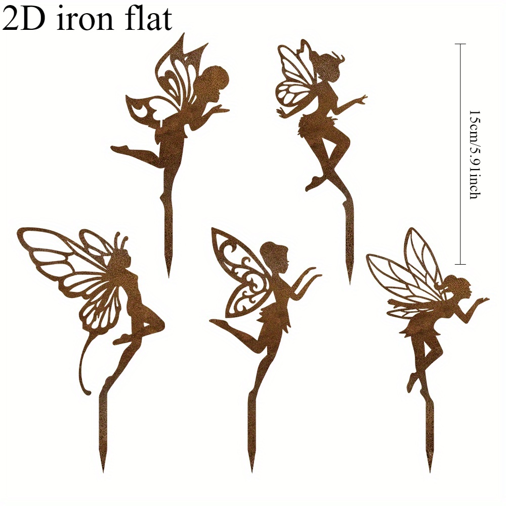 E-shop 2D-flach, 5 Stk. rostige Feen-Deko-Elfen-Gartenfiguren, Metall-Feen-Gartendekor, perfektes Kunstwerk für den Außenbereich, Muttertagsgeschenk,