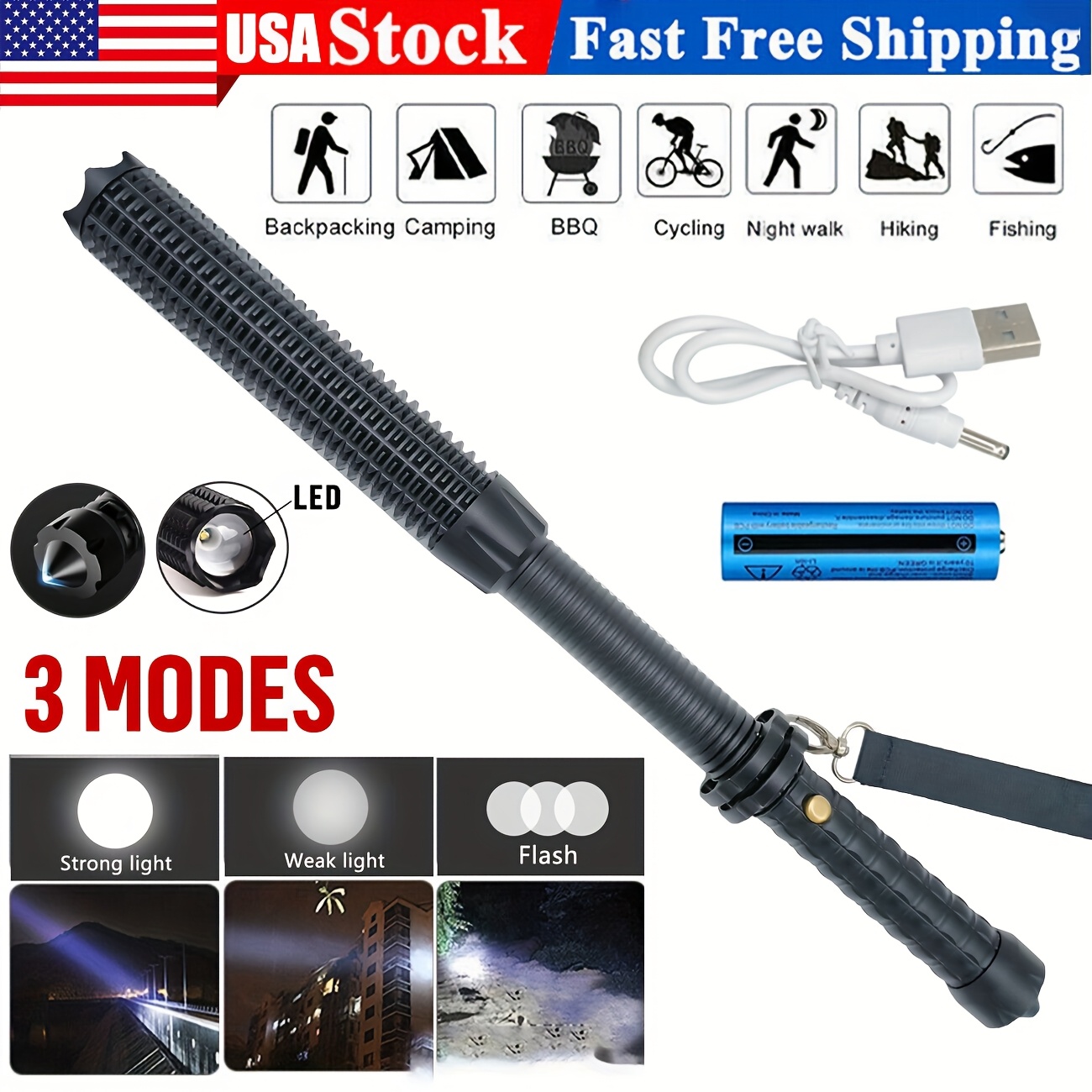 LED Flashlight Hiking Retractable Zoom Security Bright Torch for Camping Lamp for Outdoor Lighting/ Travel/ Fishing/ Climbing/ Extreme Sports