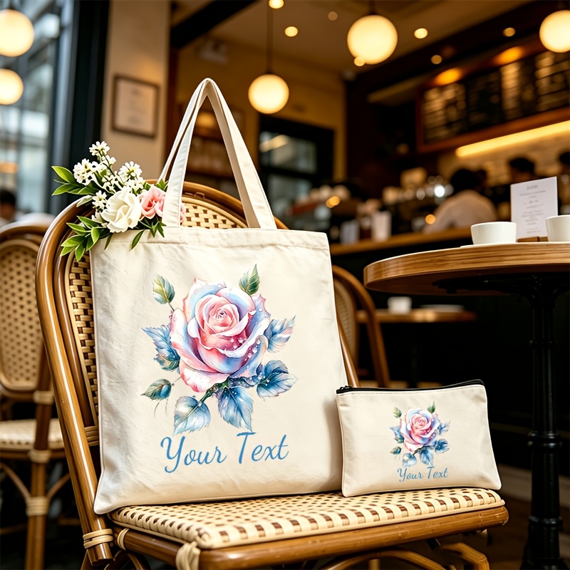 Personalized Custom Text Watercolor Rose Tote Bag, Large Capacity