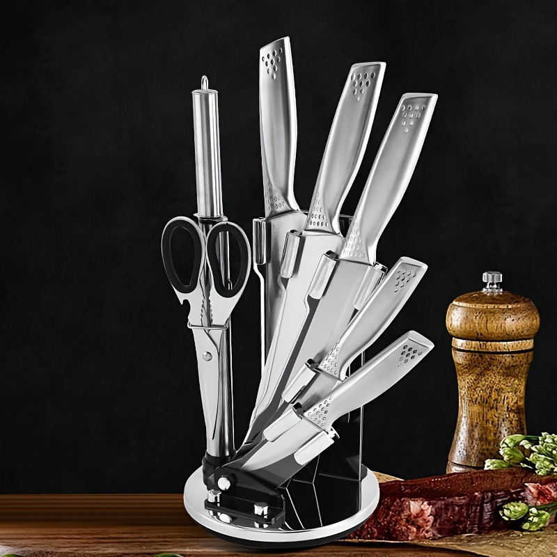 

Kitchen Knife Set With Rotating Bracket - Sharp Stainless Steel Knife Set Of 8 Pieces -360 Degree Rotation