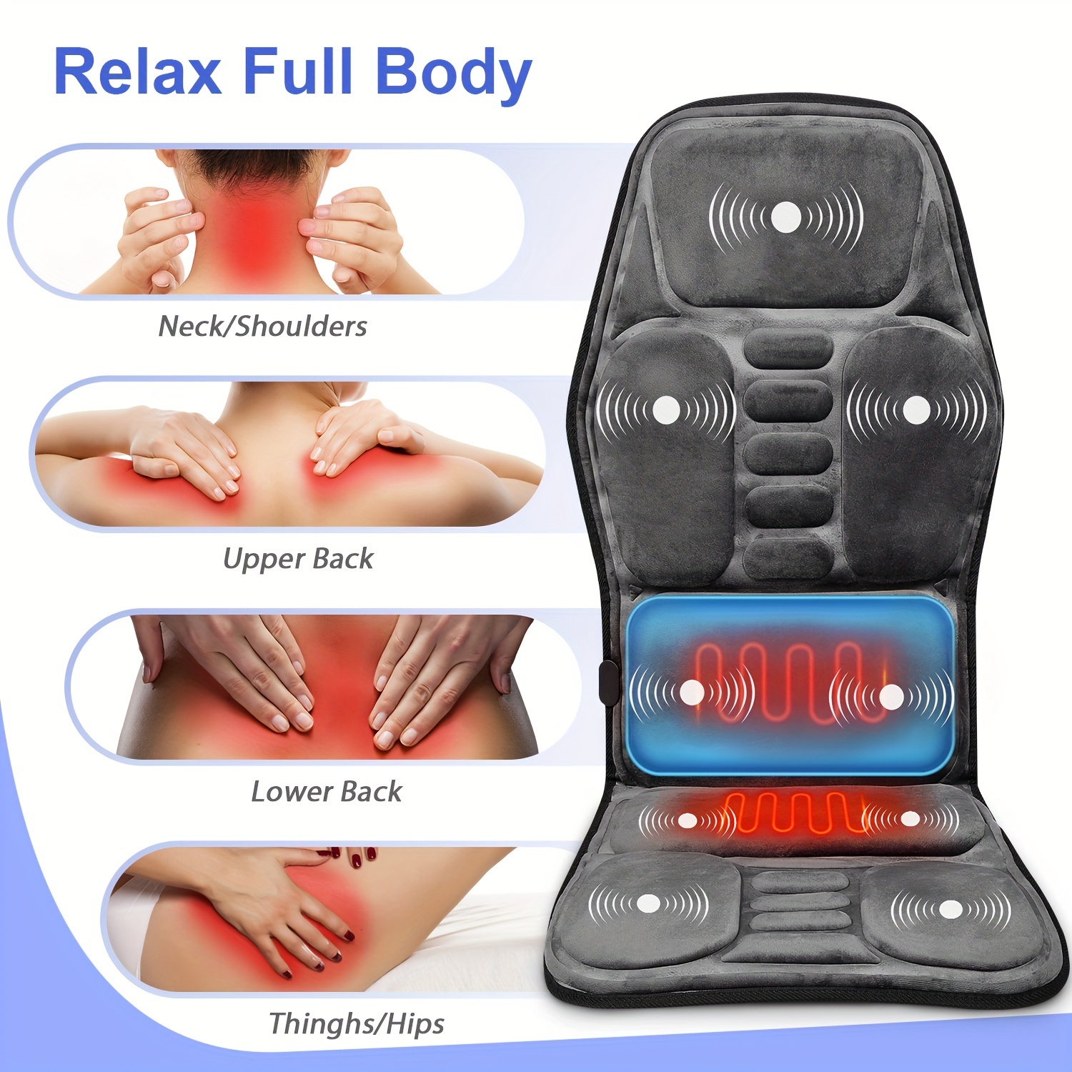 

Heated Seat Cushion With Vibration Massage, 9 Vibration Sources, , Adjustable Waist Support, Hip, Waist, Back Heating, Gray Short Plush Fabric