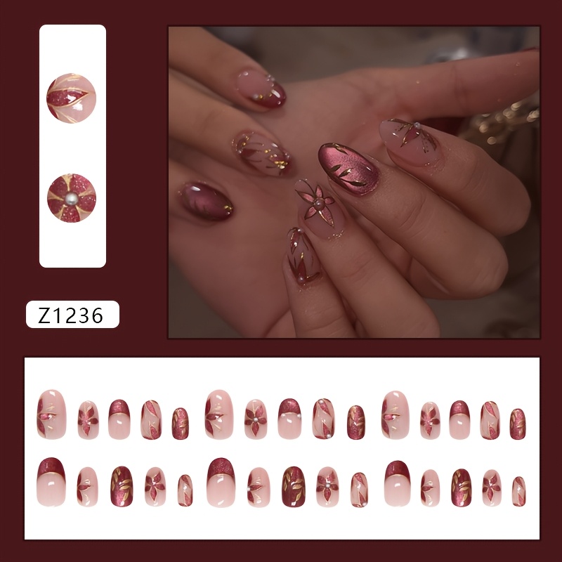 Image of Three-dimensional Cat- With Red-brown Floral Patterns, Accents, And Elegant Vintage European/american Instagram-style Detachable Nail Art
