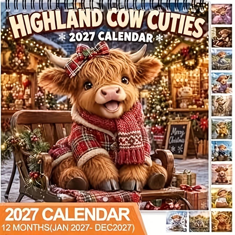 TEMU 1pc 2027 Highland Cow Wall Calendar, Spiral-bound 12-month Animal Calendar With Large Date Writing Space, Featuring Adorable Fluffy Cows In