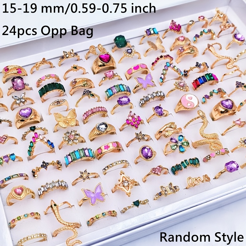TEMU Wholesale 24pcs/pack Men's Rings Vintage Bohemian Men's And Women's Ring Set Rose Golden Alloy Material Heart-shaped Leaf Geometric Shape Random