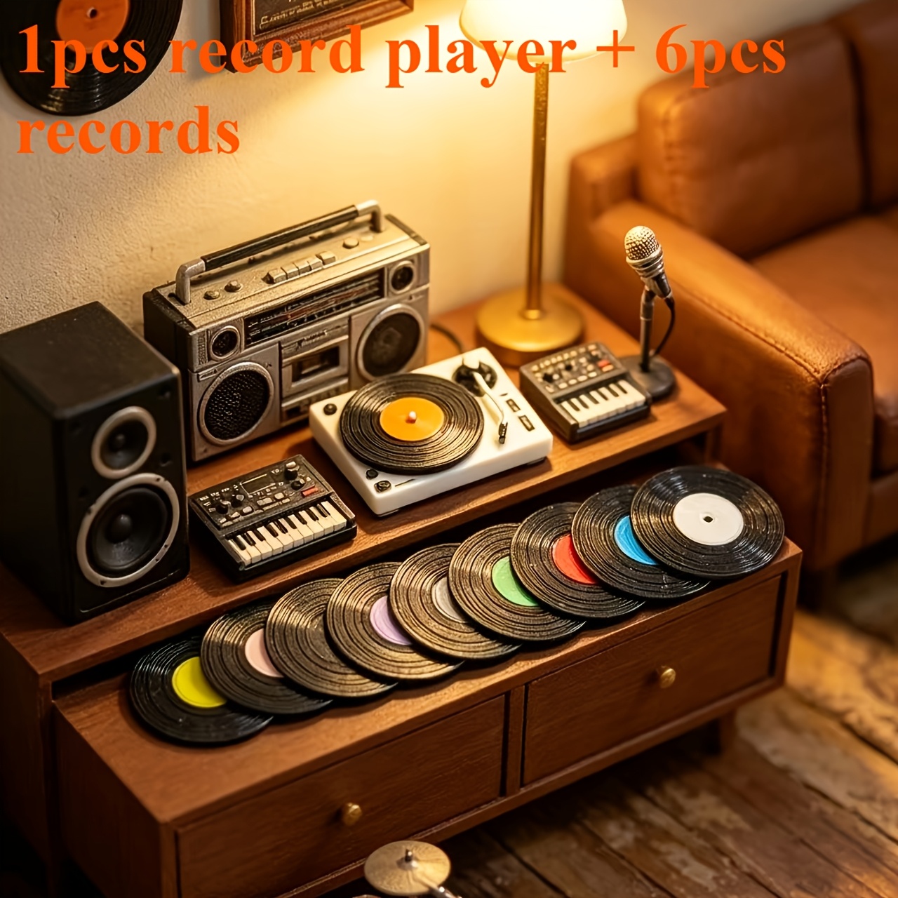 TEMU 7pcs 1:12 Scale Dollhouse Player Set - Random Record Color (includes 1pc Simulation Record Player And 6pcs Simulation Records), Dollhouse