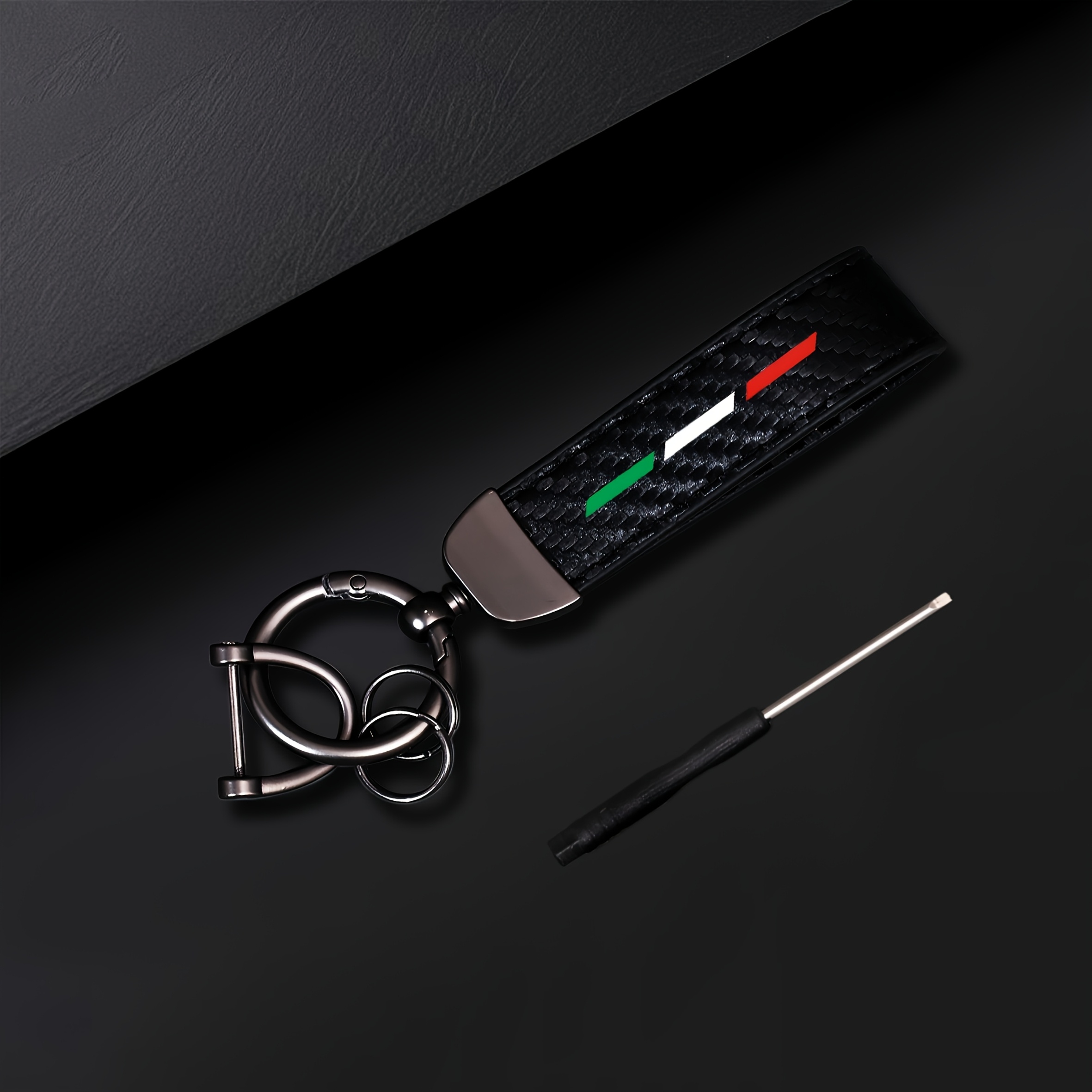 Image of Single Italian Car Keychain, Elegant Black And Red Stripes, Made Of Faux Leather, Loss Prevention, Car Key Additions