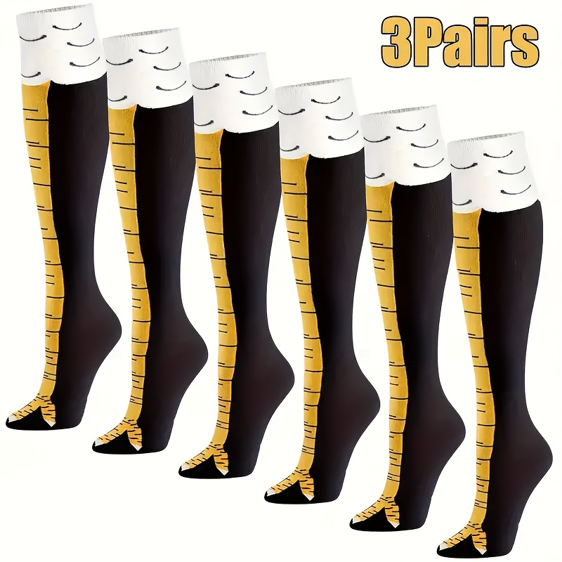 TEMU 3 Pairs Of Black Knee High Chicken Paw Printed Socks, Full Of , , Breathable And Comfortable, Cartoon Pattern, Fabric, Hand Washed Or Dry