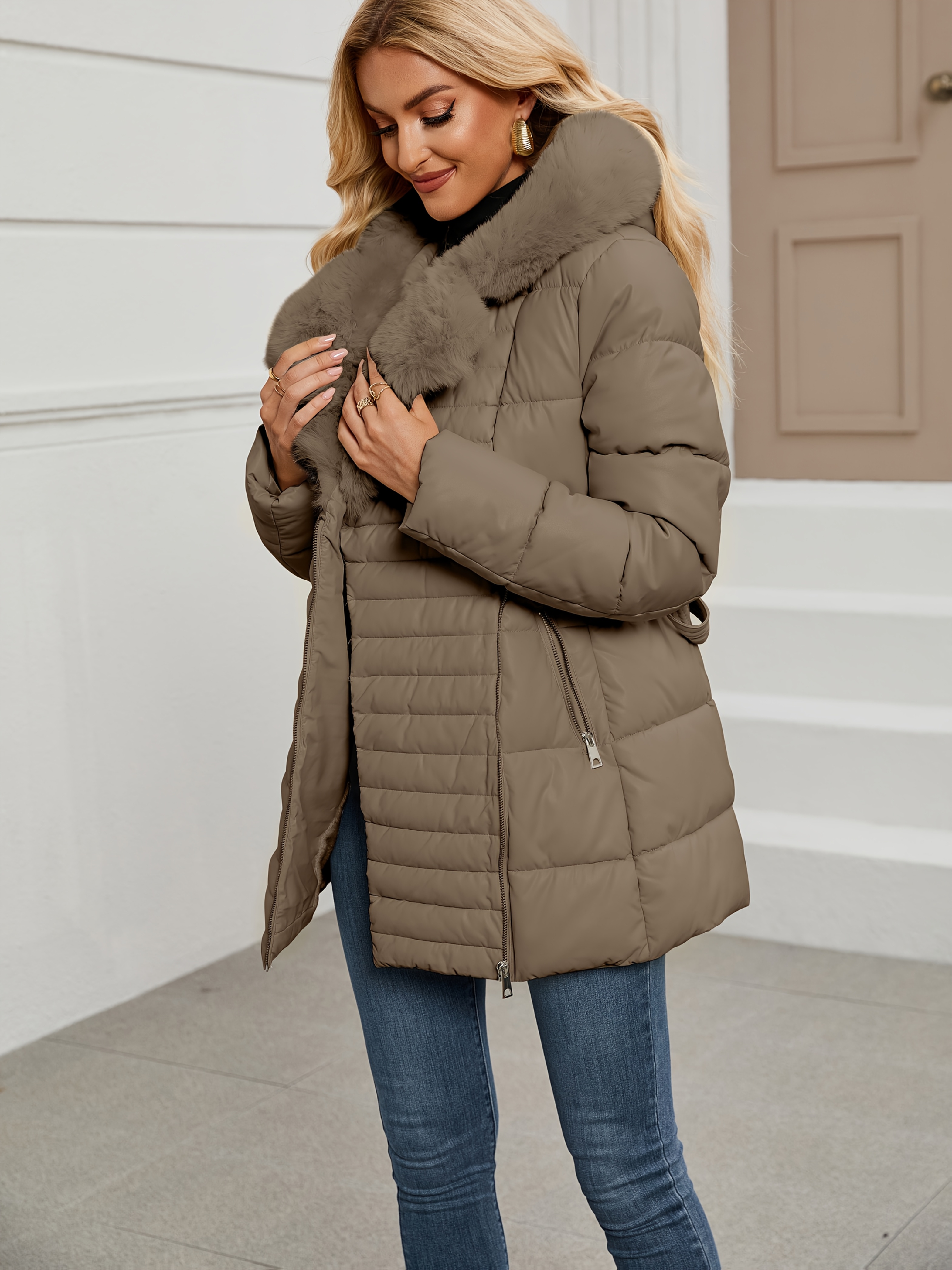 Elegante dames winterjas met faux fur capuchon - Lange mouwen, ceintuur in de taille, effen, gewatteerde jas voor koud weer, comfortabele bovenkleding|Strakke winterjas|Gewatteerde jas