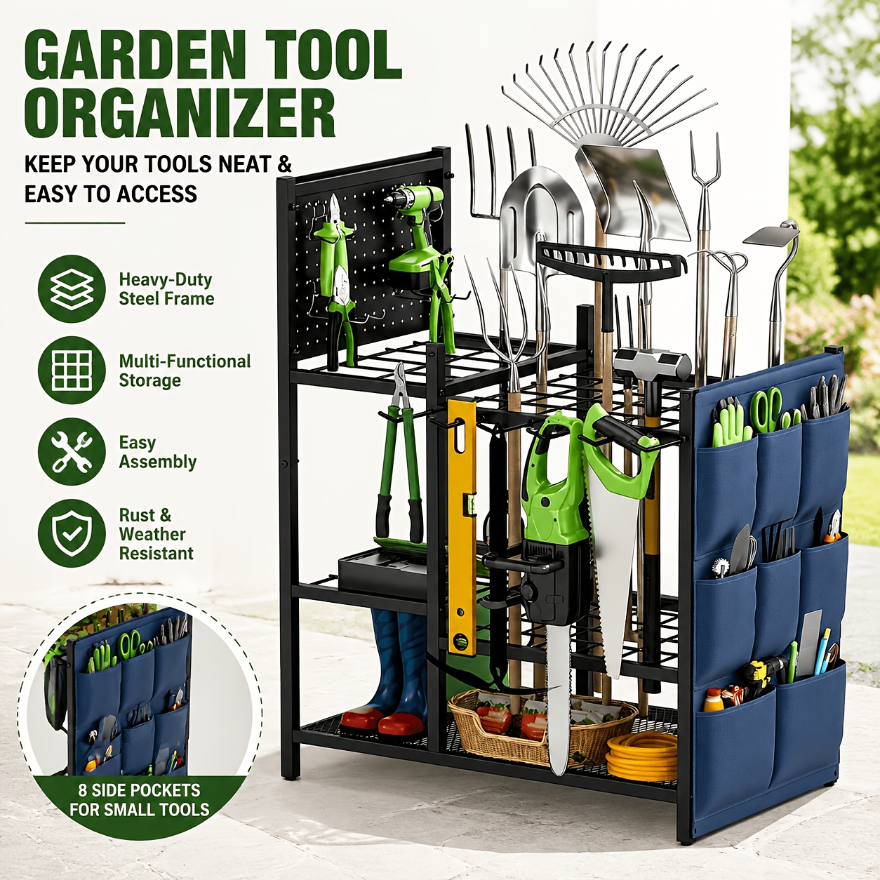 TEMU Heavy-duty Metal Garden Tool Organizer Rack With Storage Bags, Long-handled Tool Holder For Broom, Shovel, Rake - 3-tier Outdoor Garage And Yard