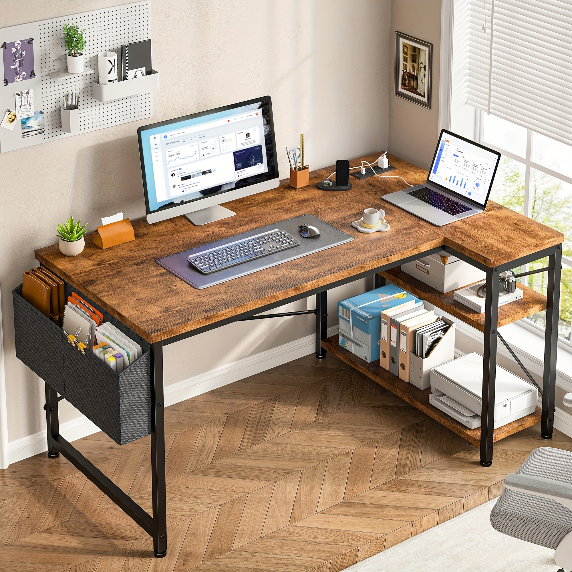 TEMU L-shaped Computer Desk With Power Outlets & Storage Shelves, Home Desk With Side Storage Bag & 2-tier Shelf, Multi-functional Gaming Study Writing Desk For Bedroom, Living Room, Office
