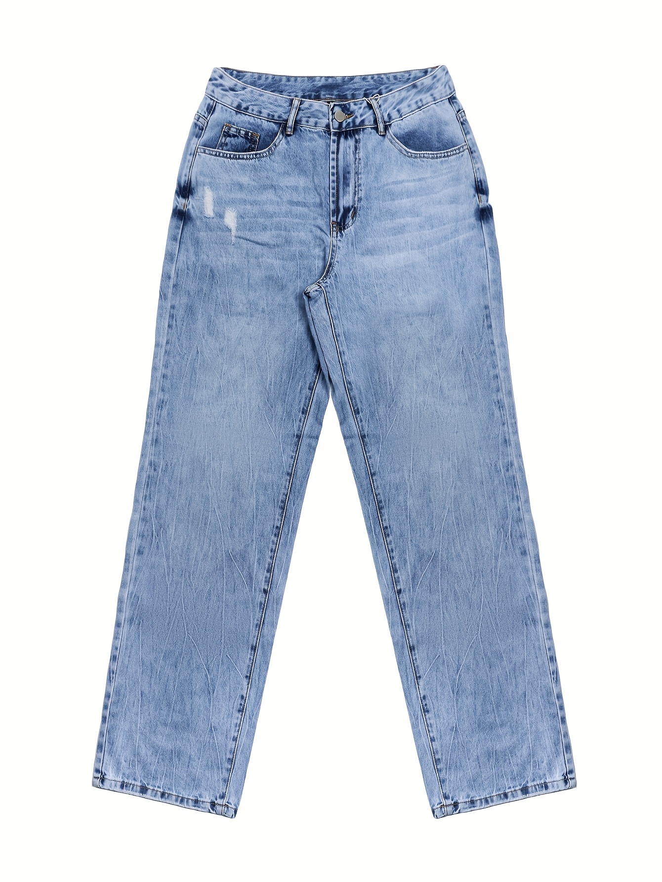 Ripped Whiskering Washed Denim Pants, Slash Pocket Zipper Button Closure  Straight Leg Trousers Jeans, Women's Denim Jeans & Clothing