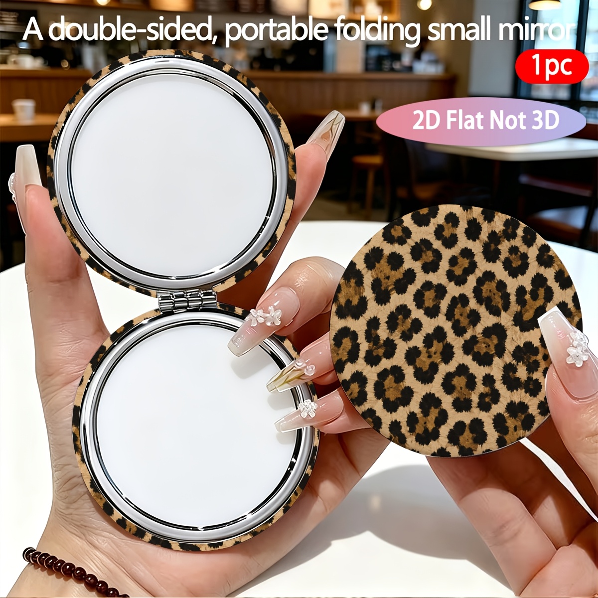 TEMU 1pc Leopard Print Round Mirror Suitable For Daily Use, Foldable Mini Handheld Double-sided Portable Mirror With Polished, Compact Suitable For