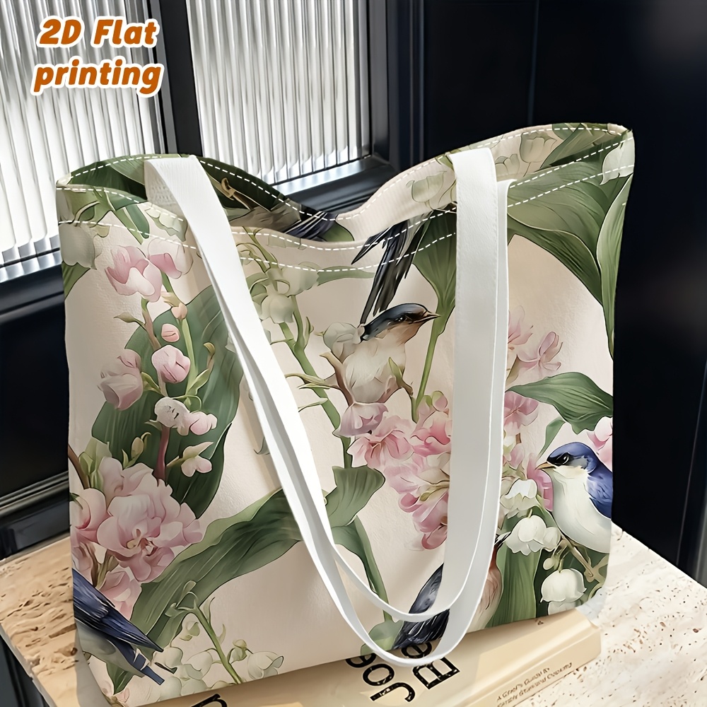 TEMU 1pc Women's Bird & Print Tote Bag - Multi-functional Handbag/crossbody Bag With Bird Flower Leaf Pattern, Reusable Suitable For Daily Use,