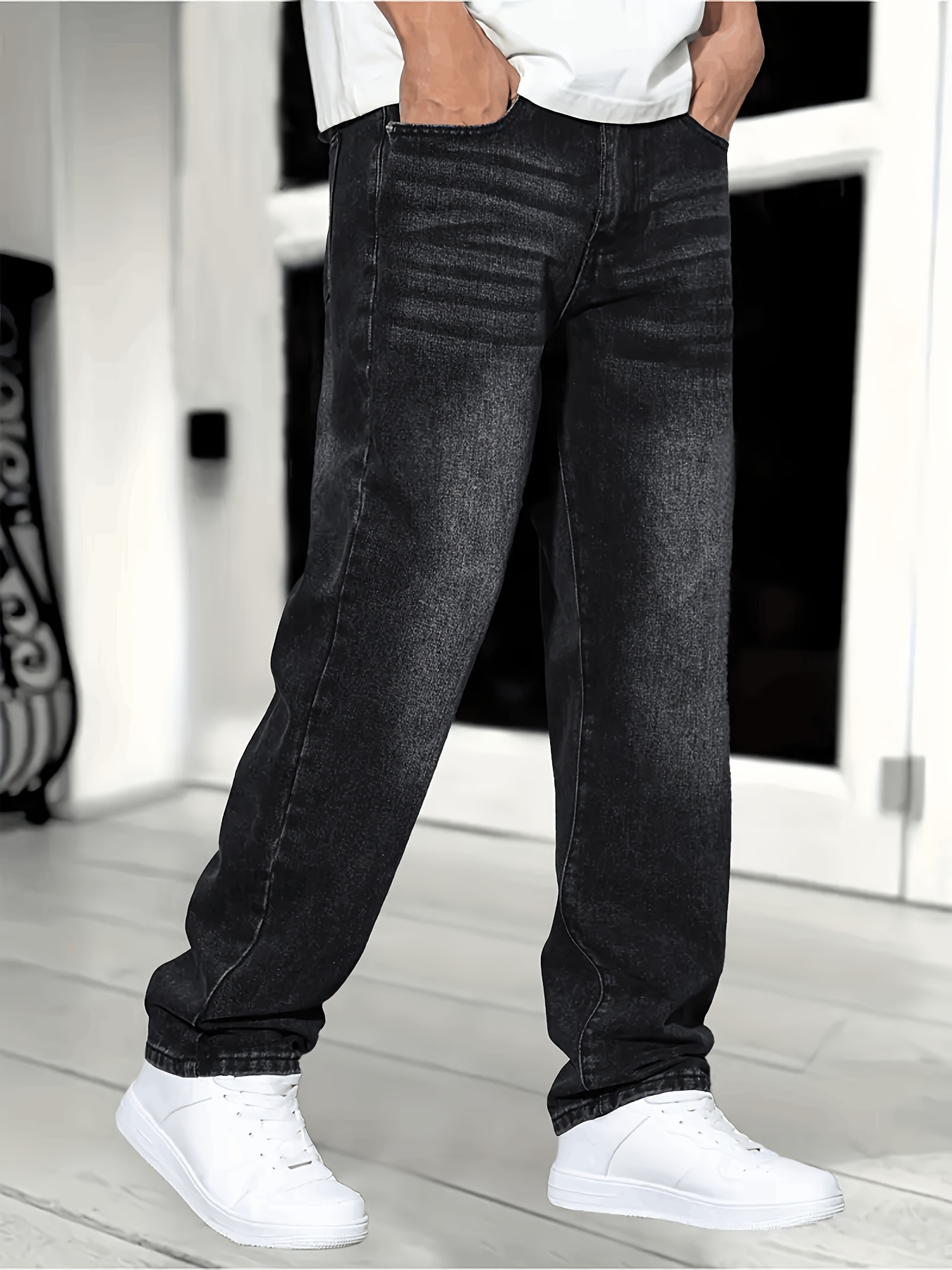 mens casual black denim jeans fashionable loose stretch - Temu Ghana