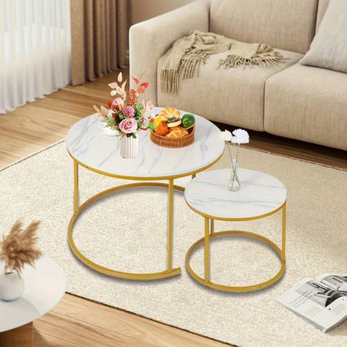 item picture nesting coffee table set of 2 wooden round nesting table set with metal frame stacking side tables sturdy and easy assembly white wood marble stacking side tables for living room bedroom balcony