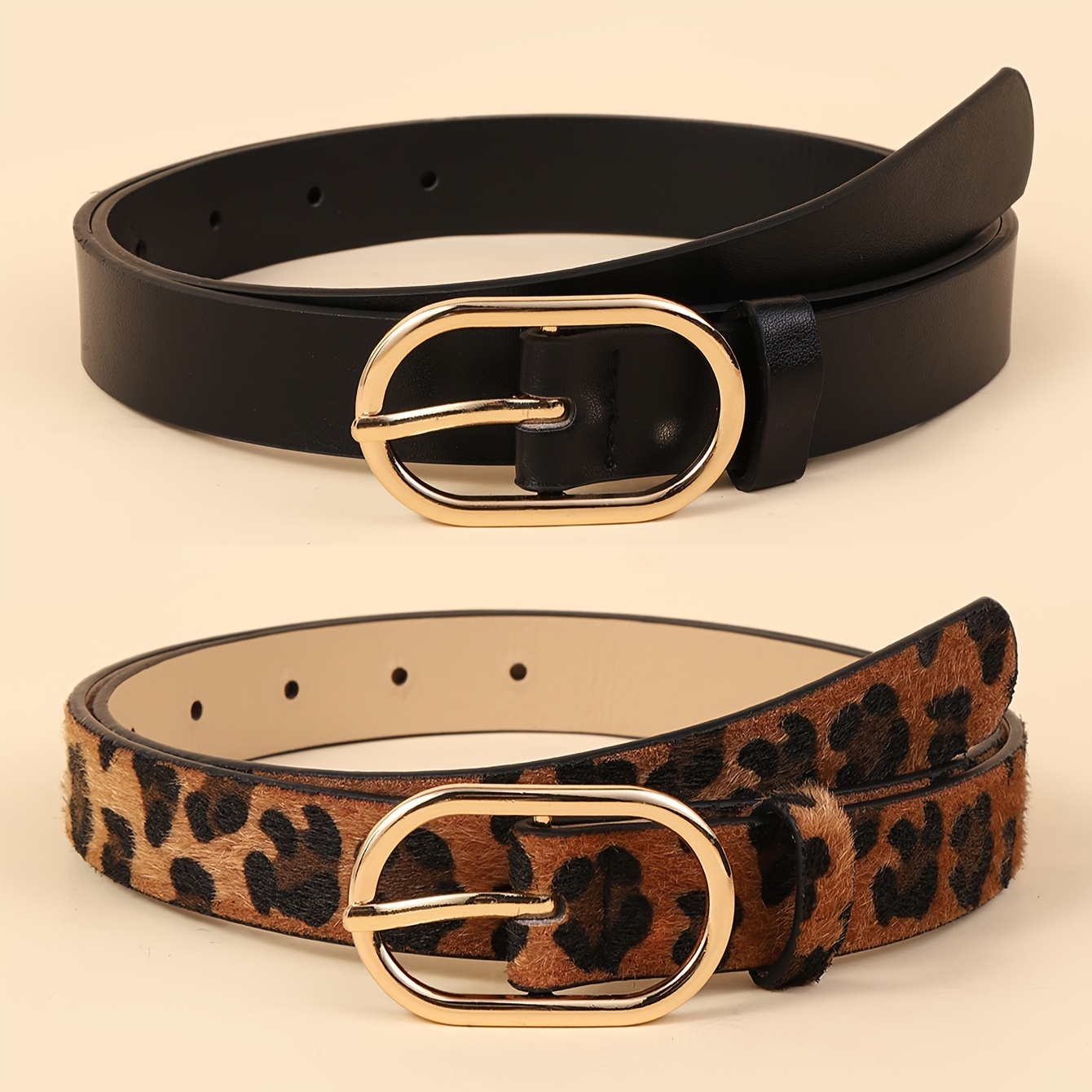 TEMU 2pcs Women's Pu Waist Belts - Black With Golden , Leopard Print Design, Versatile For Jeans, Blazers, And Casual Attire, Fashionable