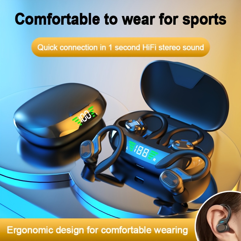 LAN XUN Auriculares Inalámbricos 5.3 con Micrófono - Auriculares Estéreo TWS Deportivos, Control Táctil, Estuche de Carga USB-C con Pantalla Digital, Ajuste Cómodo con Gancho para la Oreja, Sonido de Alta Calidad, Incluye Estuche Protector