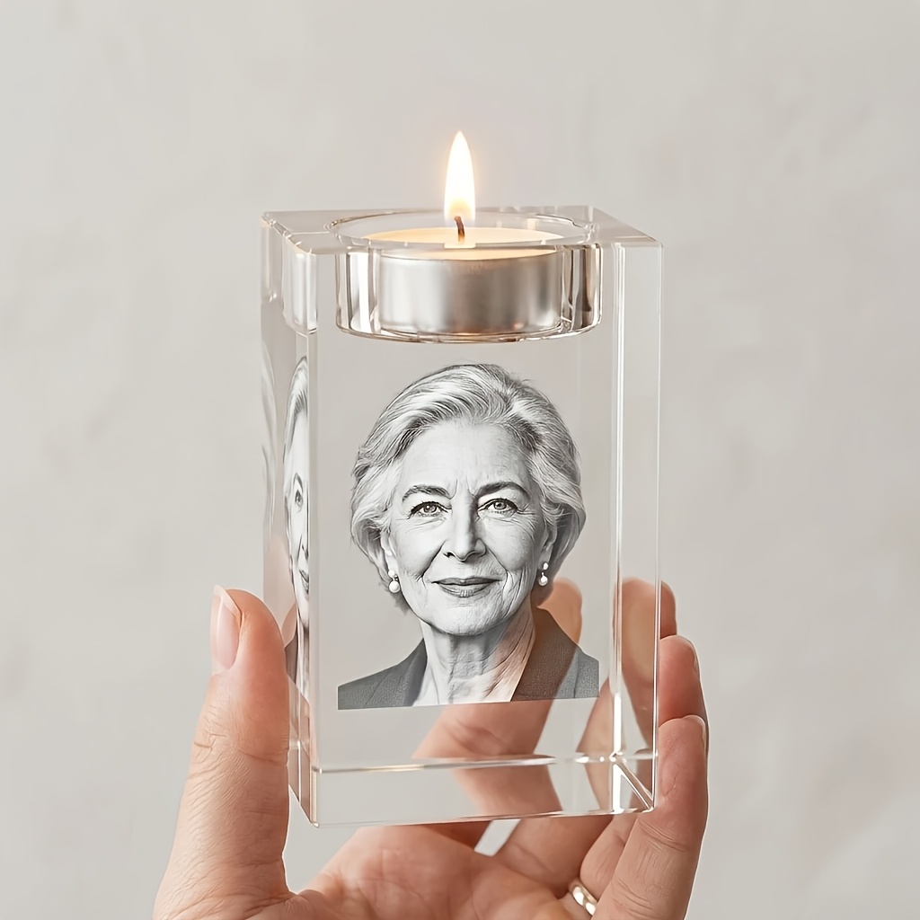 TEMU Youercrystal Personalized Photo Engraved Glass Candle Holder - Custom Memorial Keepsake With Photo/text/name, Suitable For , Tabletop & Desk